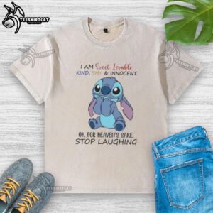 Cartoon graphic on a washed t-shirt featuring 'I Am Sweet, Lovable, Kind, Shy, and Innocent' text with playful design.