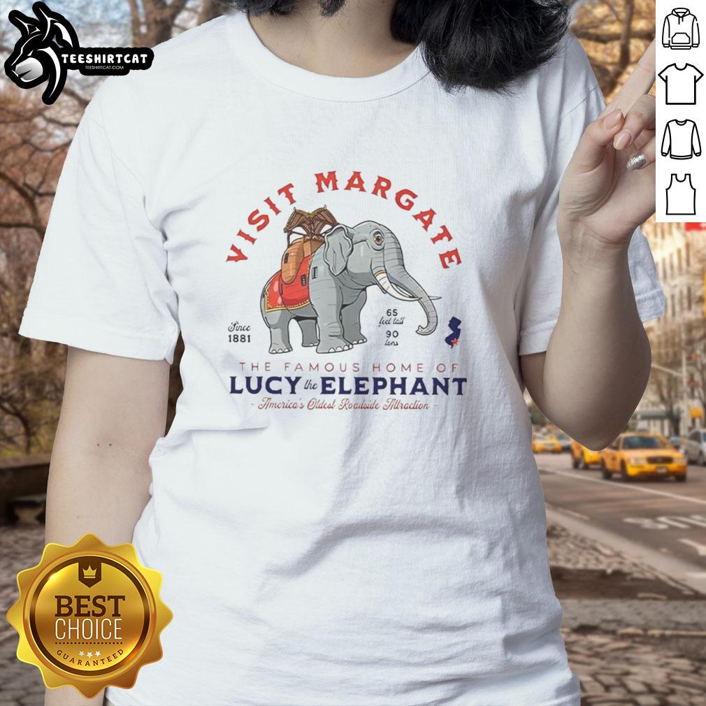 Ladies' tee featuring Lucy the Elephant, America's oldest roadside attraction in Margate, perfect for a nice visit.