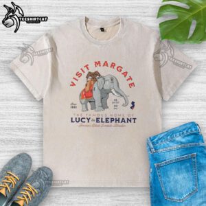 Washed T-shirt featuring Lucy the Elephant, America's oldest roadside attraction in Margate, NJ, perfect for visitors.