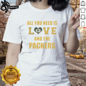 Alt Text: Official All You Need Is Love and The Green Bay Packers Ladies Tee featuring stylish design for female fans.