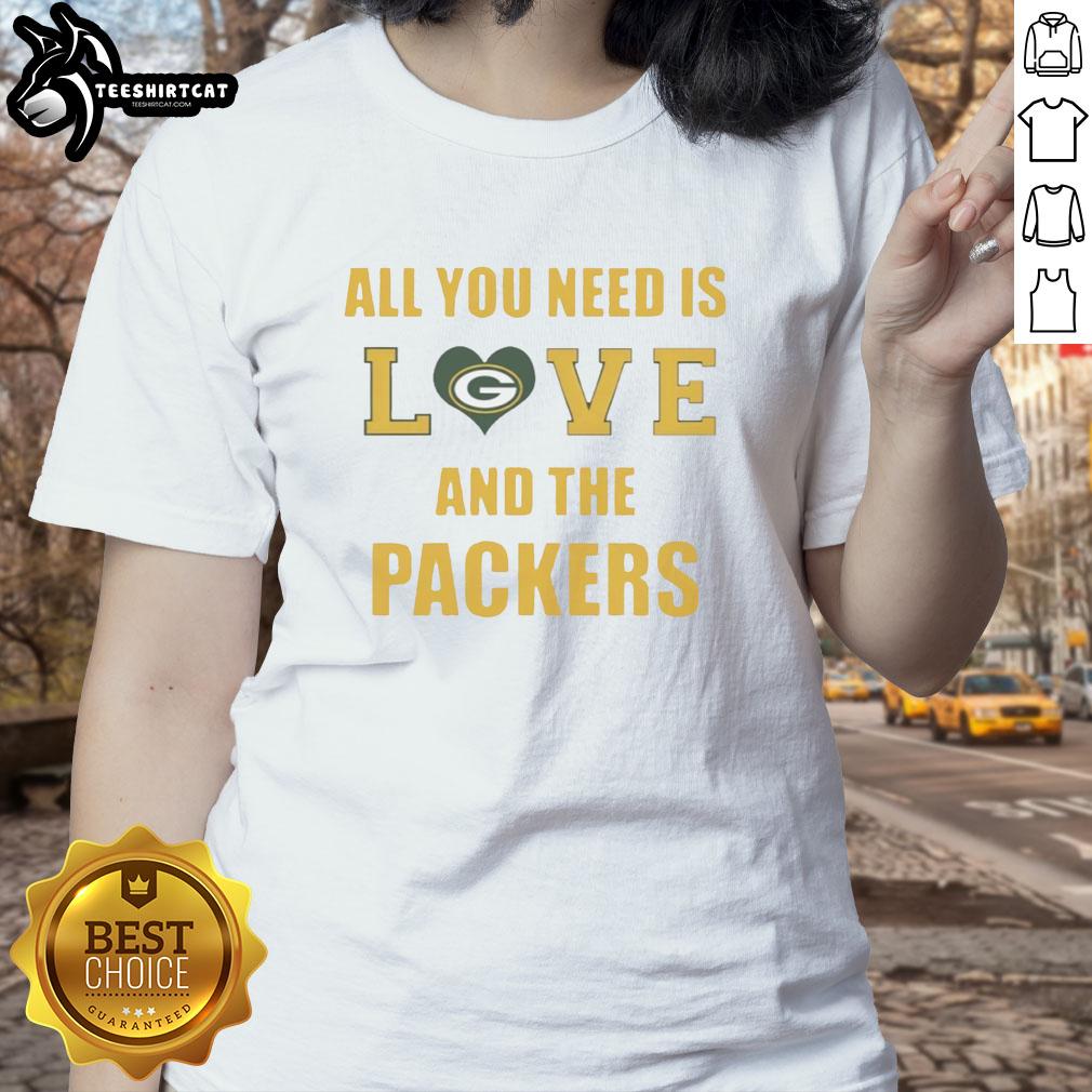 Alt Text: Official All You Need Is Love and The Green Bay Packers Ladies Tee featuring stylish design for female fans.