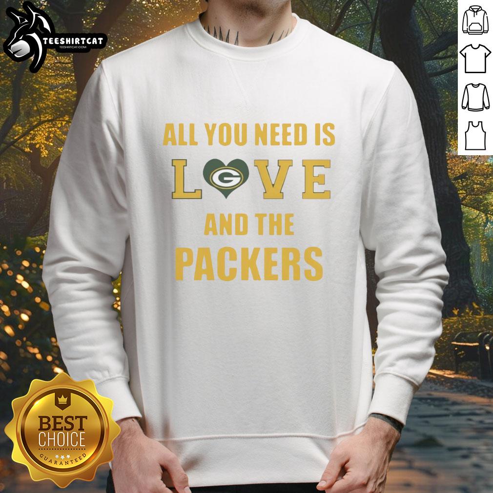 Official All You Need Is Love And The Green Bay Packers Sweatshirt in green, perfect for fans and cozy wear.