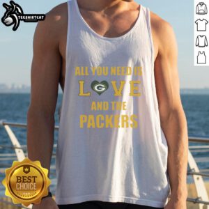 Official All You Need Is Love and the Green Bay Packers tank top featuring team colors and logo, perfect for fans.