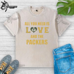 Official All You Need Is Love And The Green Bay Packers washed t-shirt in green, perfect for fans and casual wear.