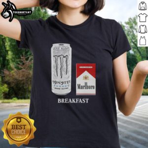 Official Breakfast White Monster and Marlboro Red Cigarette Ladies Tee featuring bold graphics and stylish design.