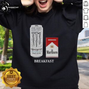 Alt Text: Official Breakfast White Monster and Marlboro Red Cigarette sweatshirt featuring vibrant logos and comfortable design.