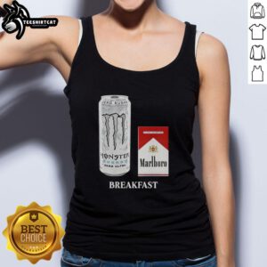Alt Text: Official Breakfast tank top featuring White Monster logo and Marlboro Red cigarette design, perfect for casual wear.