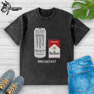 Official Breakfast White Monster and Marlboro Red cigarette washed t-shirt featuring vibrant graphics and a casual style.