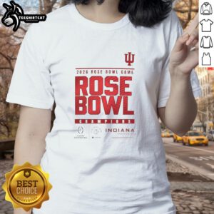 Indiana Hoosiers logo on a ladies tee celebrating the 2025 Rose Bowl Game champions. Perfect for fans and collectors.