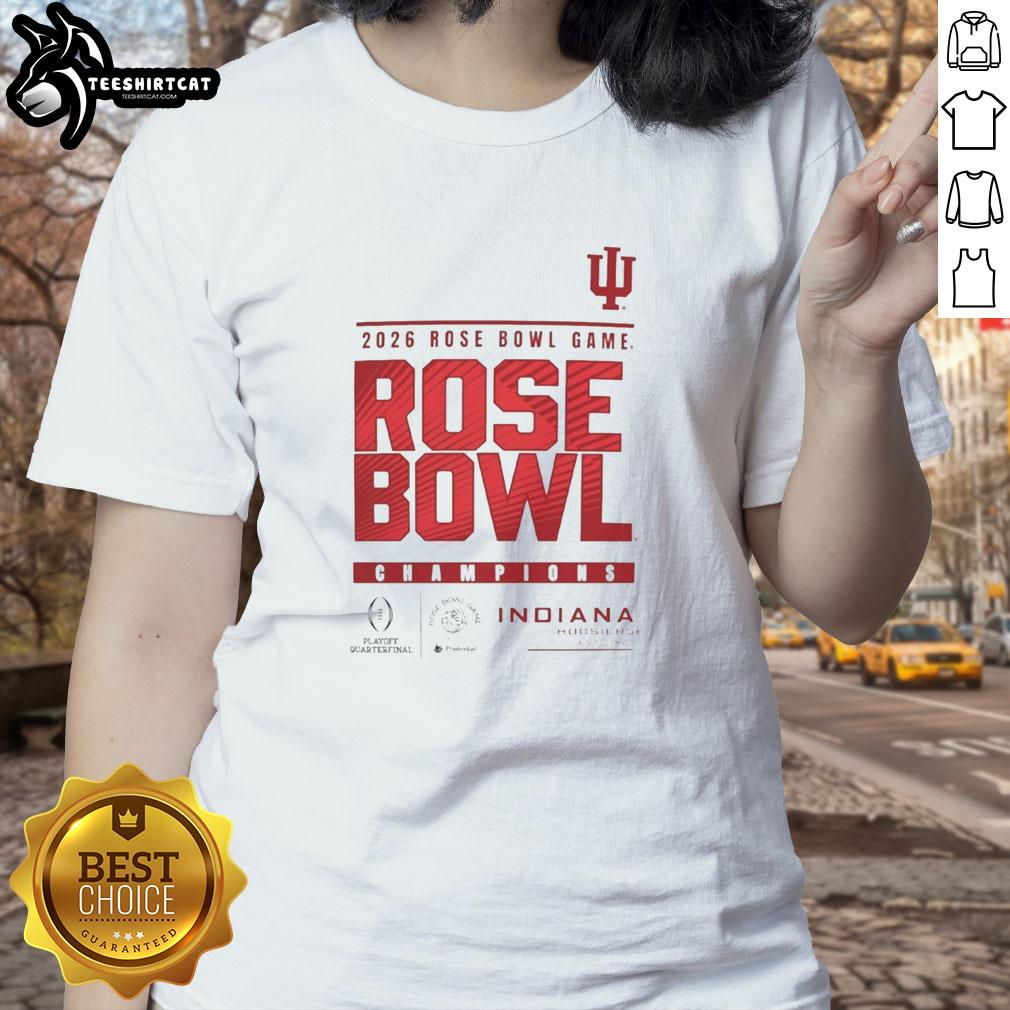 Indiana Hoosiers logo on a ladies tee celebrating the 2025 Rose Bowl Game champions. Perfect for fans and collectors.