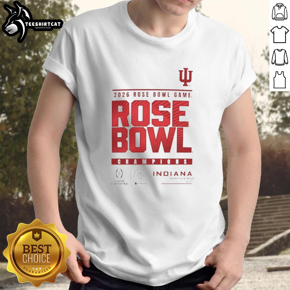 Alt Text: Indiana Hoosiers Logo T-Shirt celebrating 2025 Rose Bowl Game Champions - Official CFP merchandise.