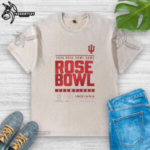 Alt Text: Indiana Hoosiers logo on a washed t-shirt celebrating the Official CFP 2025 Rose Bowl Game Champions.