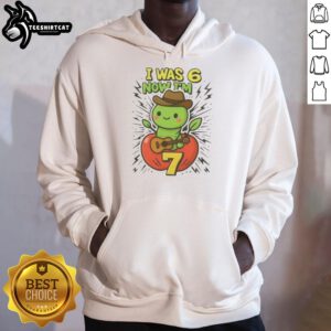 Child wearing 'I Was 6 Now I'm 7' meme hoodie celebrating 7th birthday with fun, colorful design.