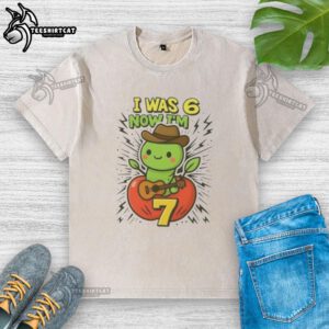 Alt Text: Funny 6-7 meme on a washed t-shirt celebrating a 7th birthday, featuring the phrase 'I was 6 now I'm 7 years old'.