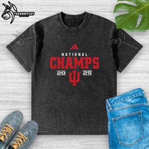 Official Indiana Hoosiers Premium NCAA 2026 CFP National Champions Mascot Washed T-Shirt in red, featuring team logo.