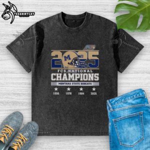 Official Montana State Bobcats FCS National Champions 2025 helmet logo on a washed t-shirt, perfect for fans.