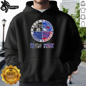 Official New York City sports hoodie featuring logos of Nets, Rangers, Giants, and Yankees for fans and collectors.