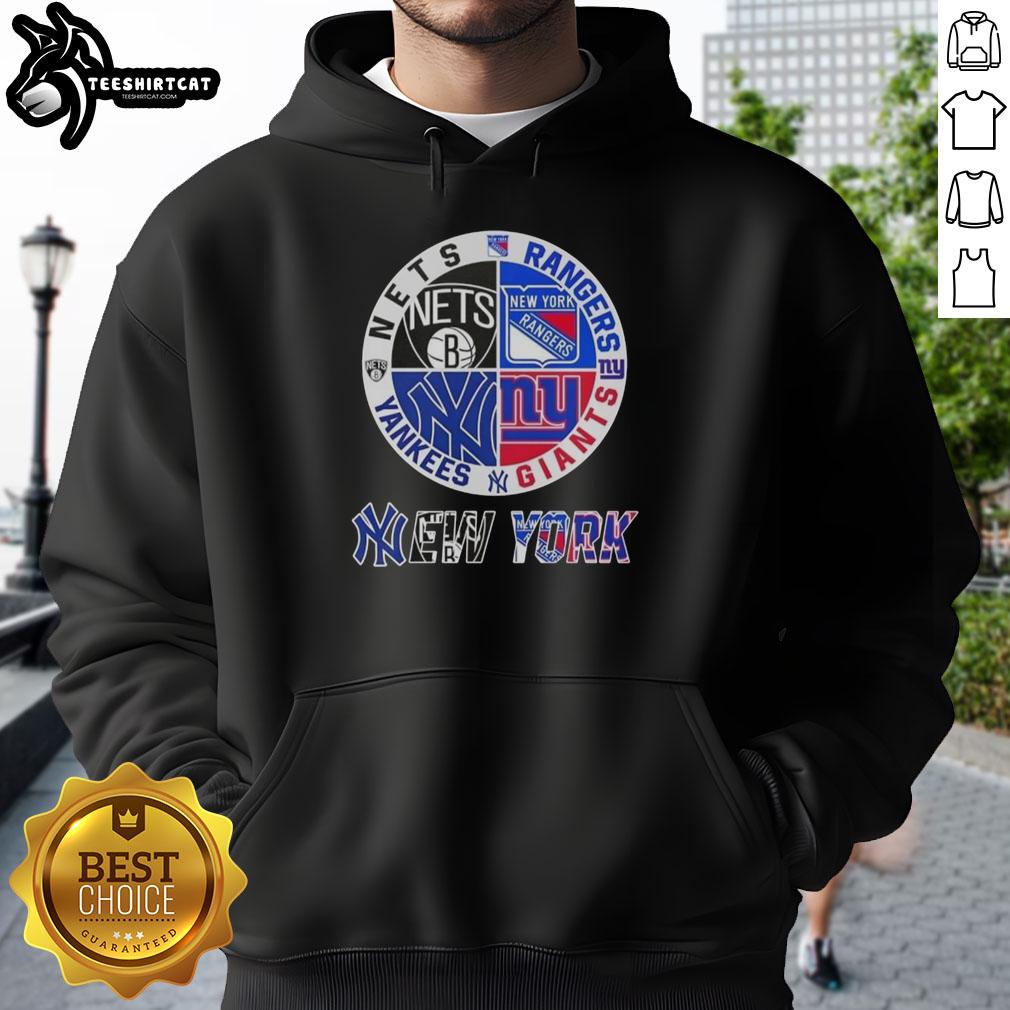 Official New York City sports hoodie featuring logos of Nets, Rangers, Giants, and Yankees for fans and collectors.