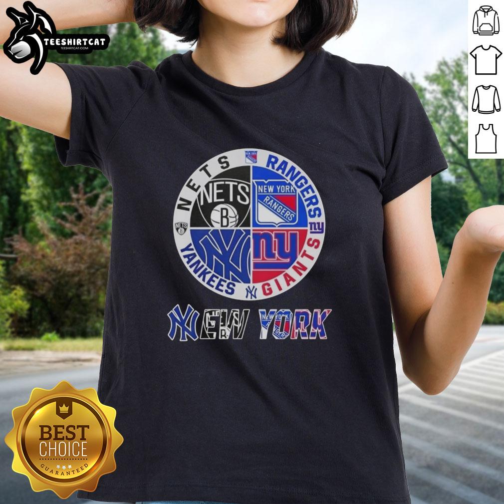 Official New York City sports logos for Nets, Rangers, Giants, and Yankees on a ladies tee shirt design.