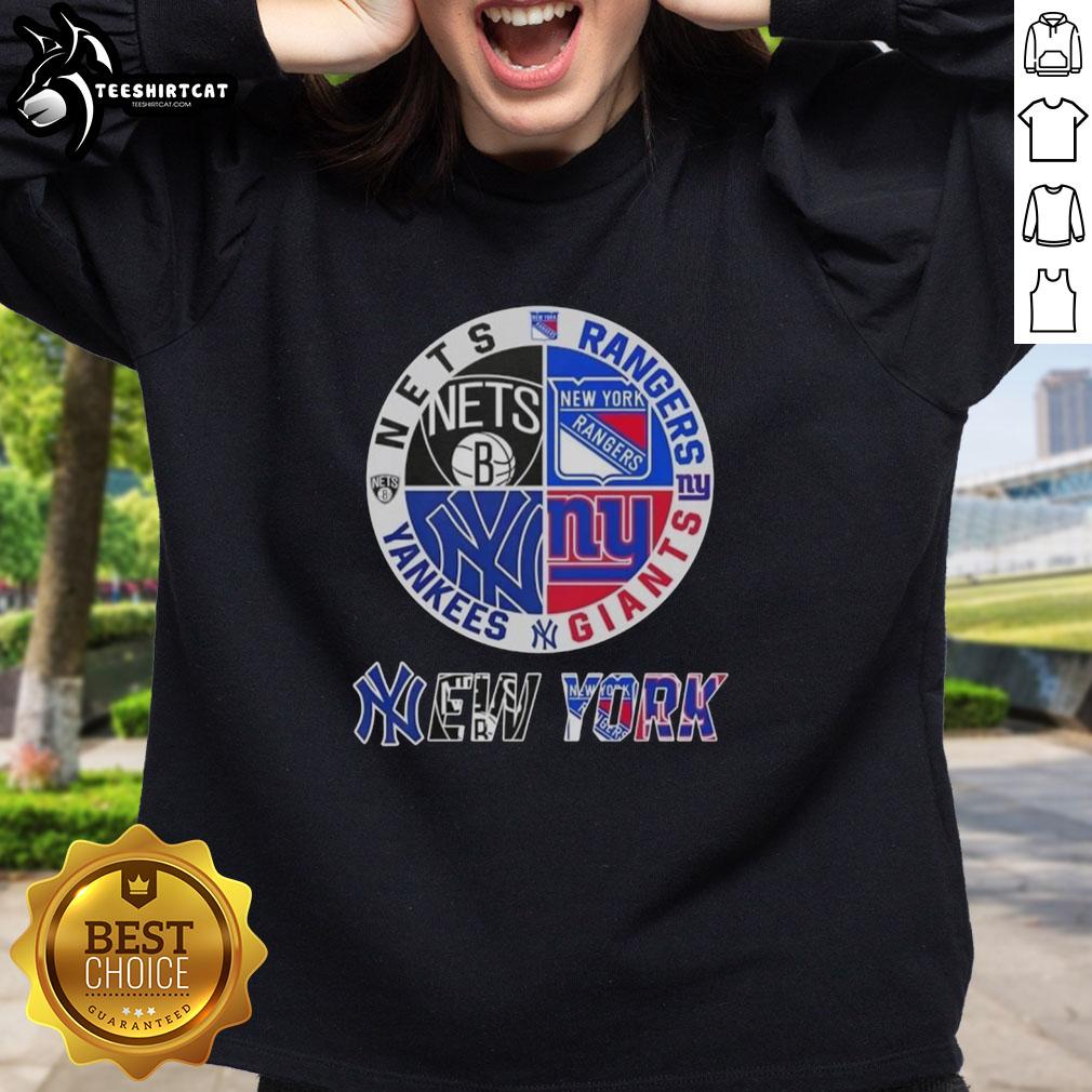 Alt Text: Official New York City sports sweatshirt featuring Nets, Rangers, Giants, and Yankees logos in a stylish design.