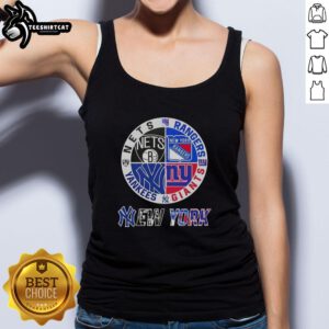 Official New York City Sports tank top featuring logos of Nets, Rangers, Giants, and Yankees for fans.