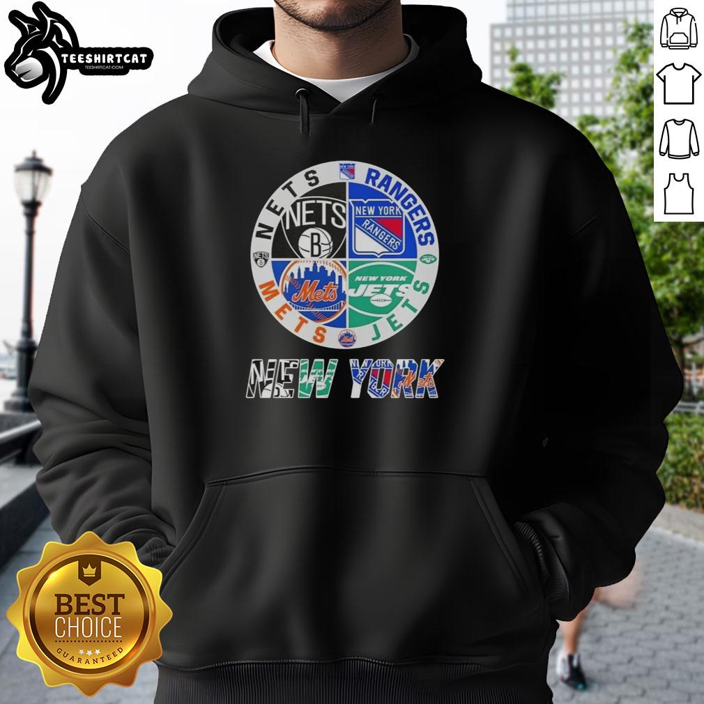 Official New York City Sports hoodie featuring Nets, Rangers, Jets, and Mets logos combined in a stylish design.