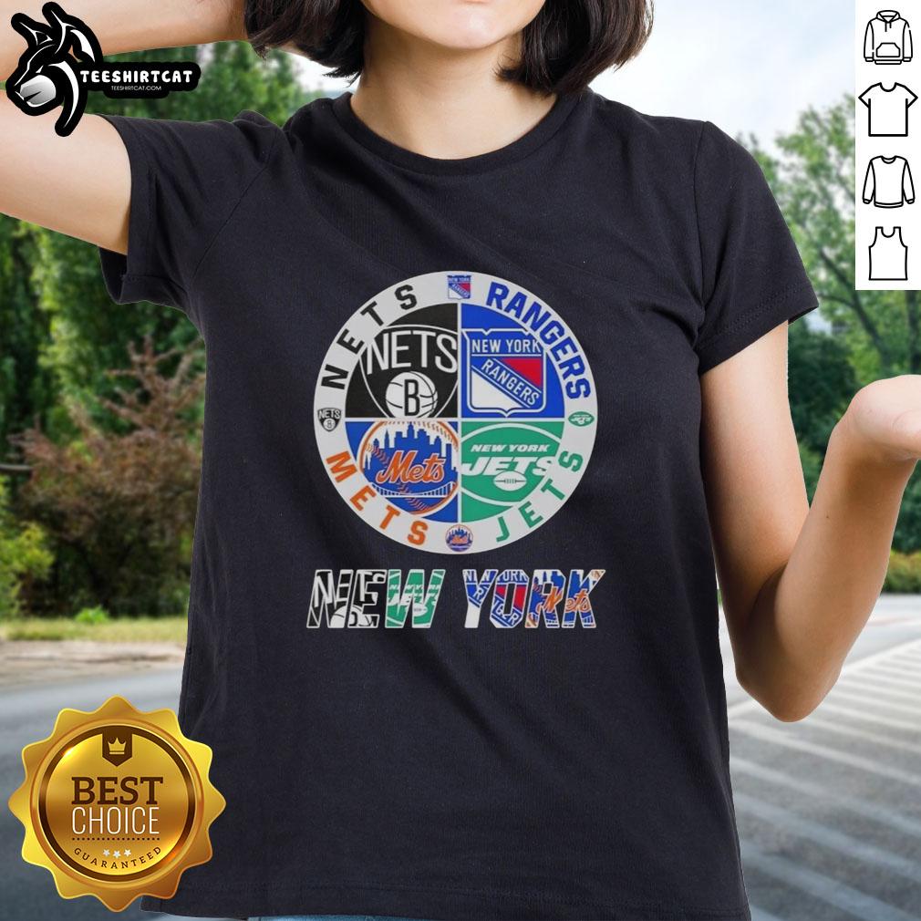 Alt Text: Official New York City sports logos for Nets, Rangers, Jets, and Mets on a ladies' tee shirt design.
