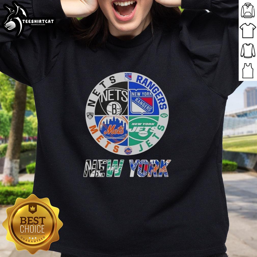 Official New York City Sports Nets, Rangers, Jets, Mets logos on a cozy sweatshirt for fans and sports enthusiasts.