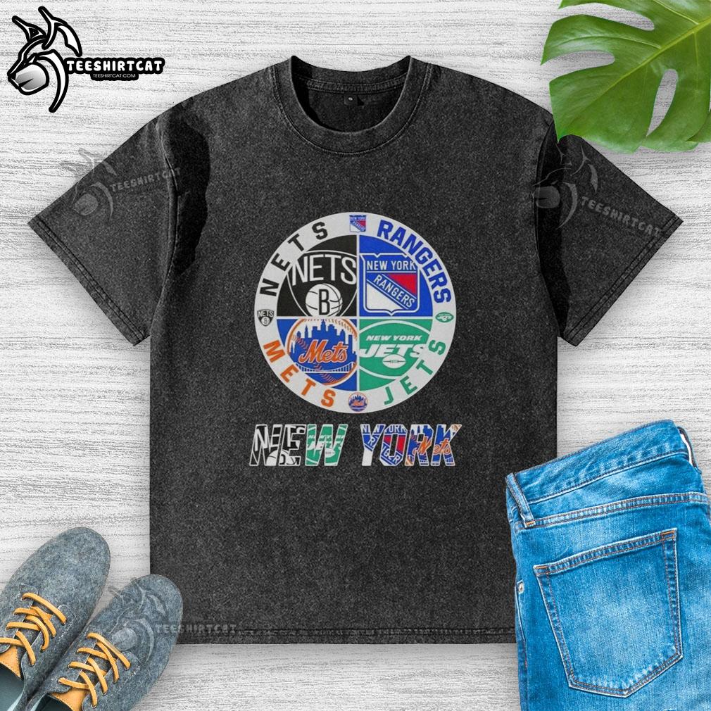 Alt Text: Official New York City Sports Nets Rangers Jets Mets logos on a combined washed t-shirt design.