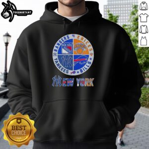 Alt Text: Official New York City sports hoodie featuring Rangers, Knicks, Bills, and Yankees logos in a stylish design.