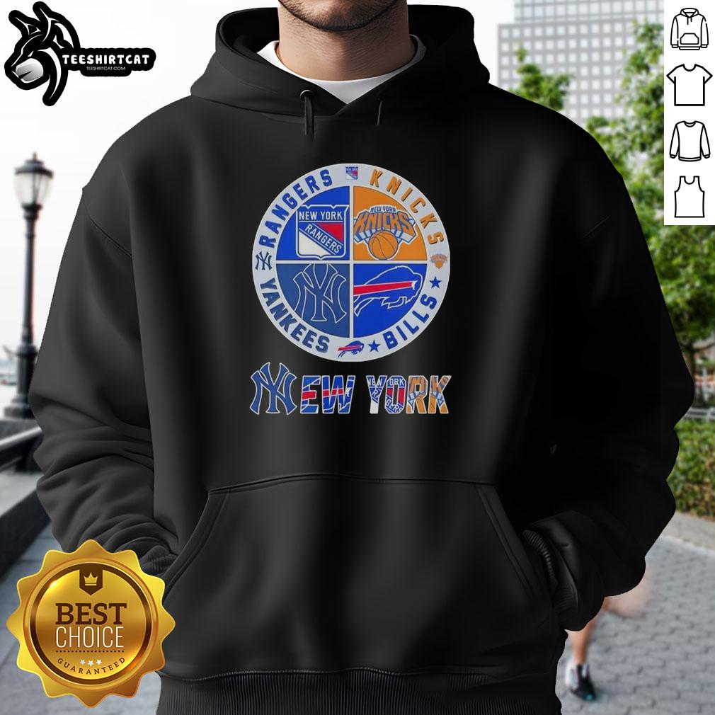 Alt Text: Official New York City sports hoodie featuring Rangers, Knicks, Bills, and Yankees logos in a stylish design.