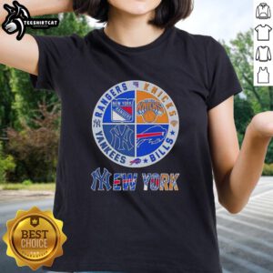 Official New York City sports logos for Rangers, Knicks, Bills, and Yankees on a ladies' tee shirt.