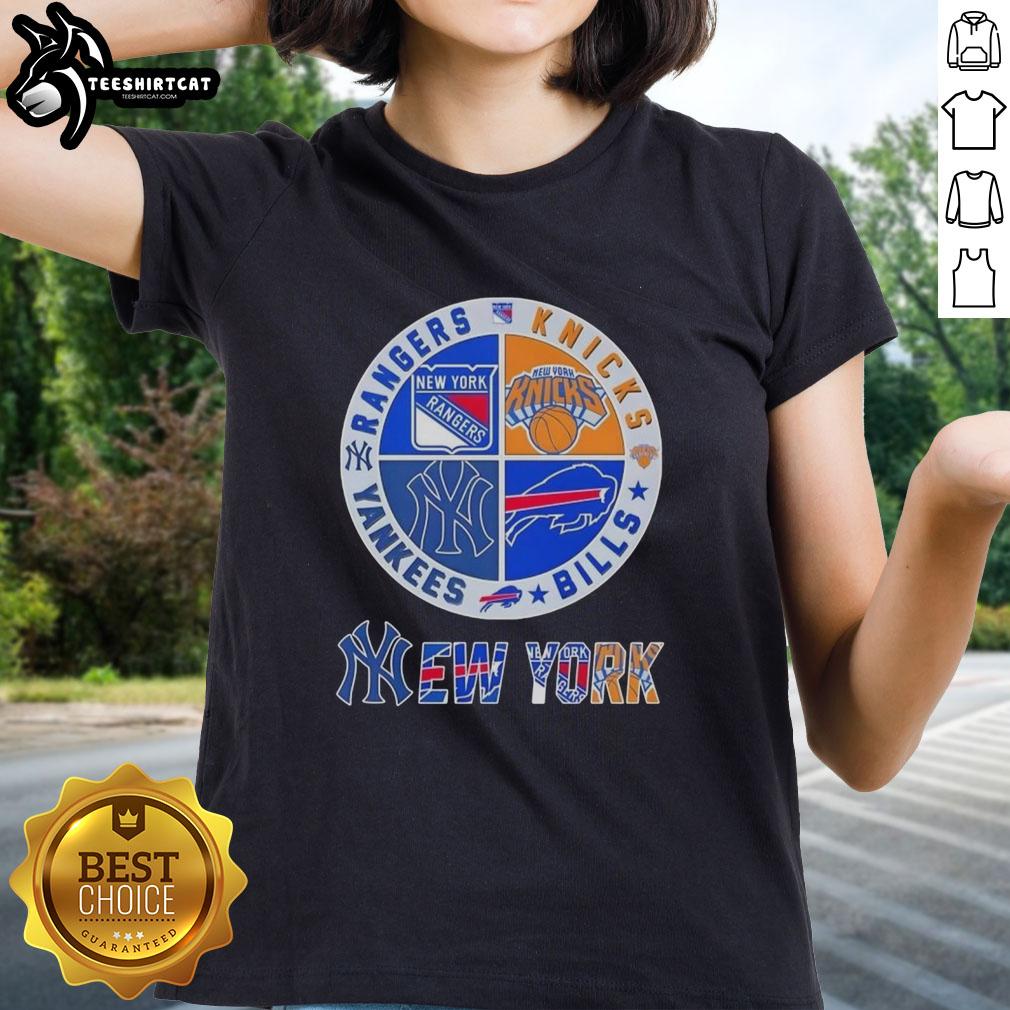 Official New York City sports logos for Rangers, Knicks, Bills, and Yankees on a ladies' tee shirt.