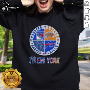 Official New York City Sports sweatshirt featuring Rangers, Knicks, Bills, and Yankees logos in a stylish design.