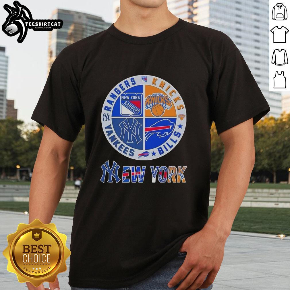 Alt Text: Official New York City Sports T-Shirt featuring Rangers, Knicks, Bills, and Yankees logos in a stylish design.
