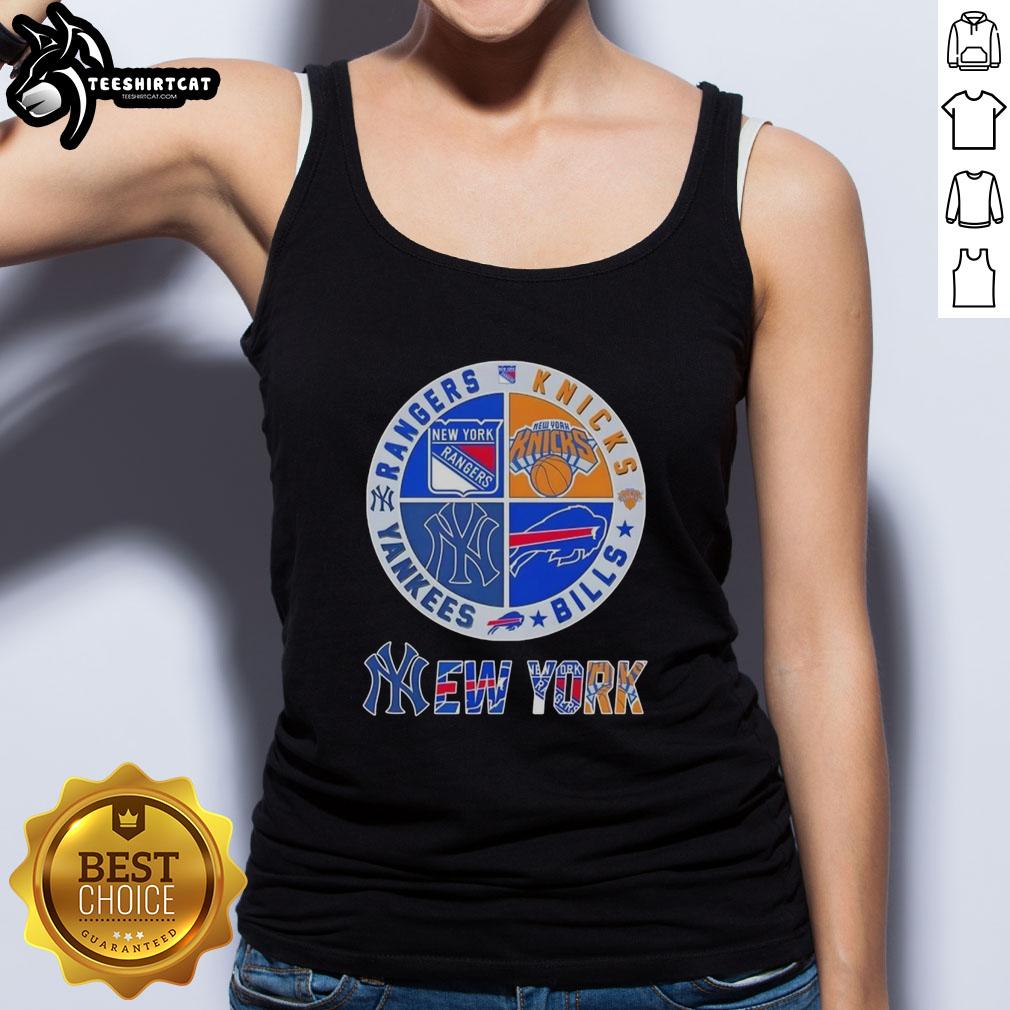 Official New York City sports tank top featuring Rangers, Knicks, Bills, and Yankees logos for fans.
