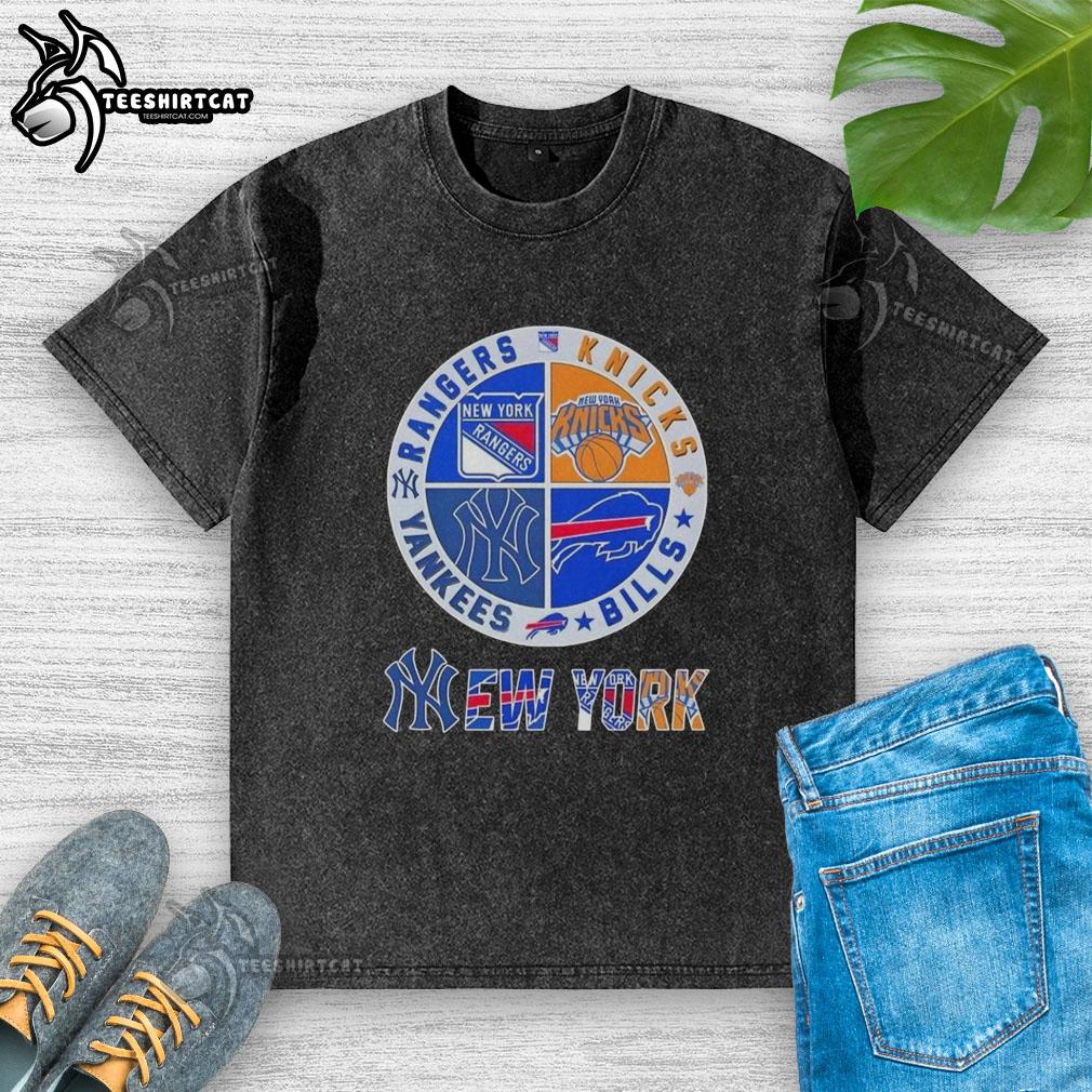 Official New York City Sports Rangers, Knicks, Bills, Yankees logos on a stylish washed t-shirt design.