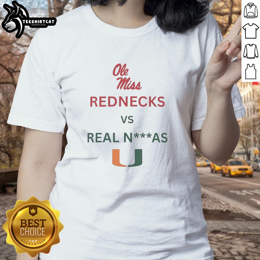 Official Ole Miss Rebels Red Necks vs Miami Hurricanes Ladies Tee showcasing team spirit and vibrant colors.