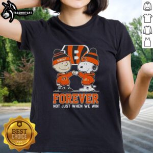 Official Peanut Snoopy Charlie Brown Cincinnati Bengals Forever tee for ladies, celebrating team spirit and loyalty.