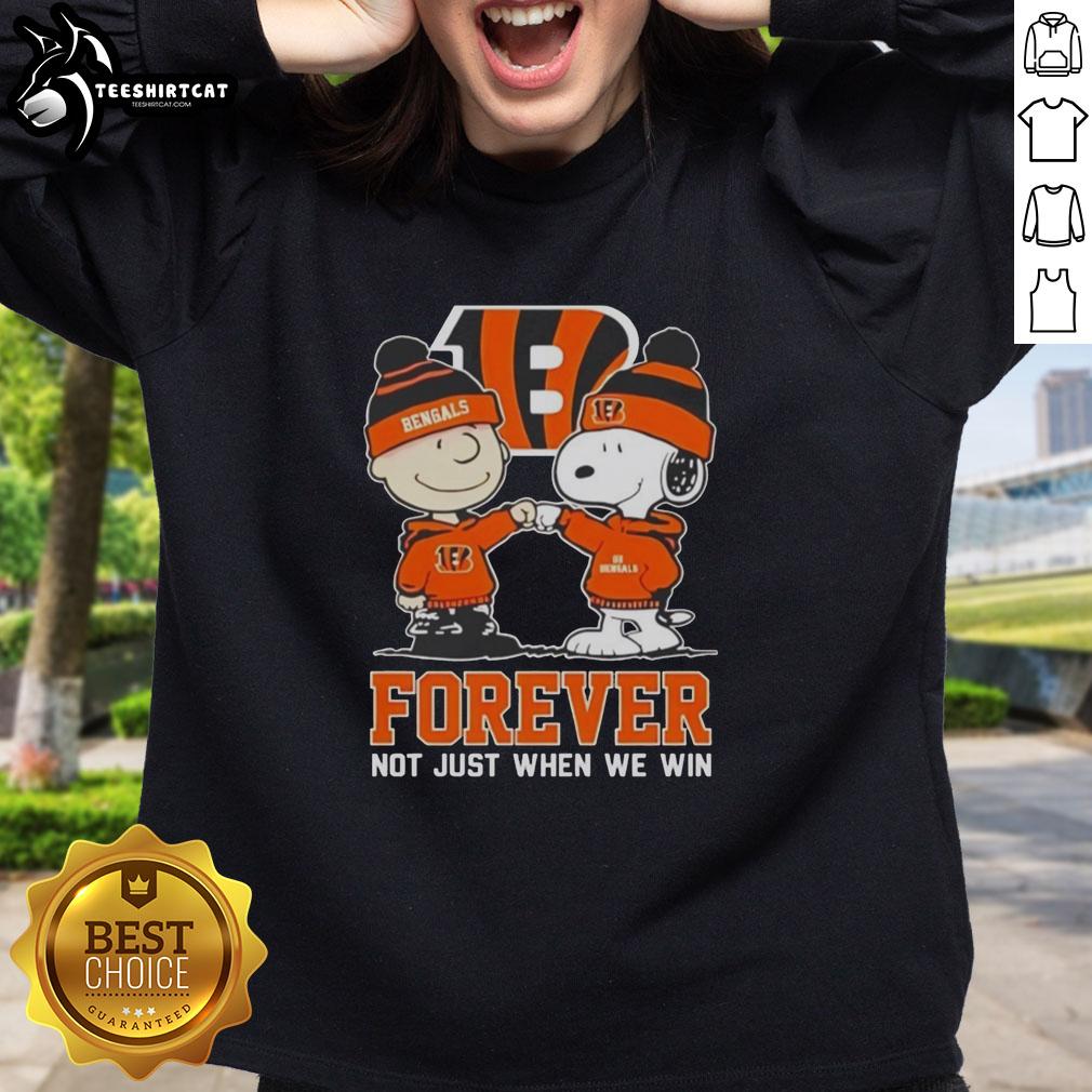 Official Peanut Snoopy & Charlie Brown Cincinnati Bengals sweatshirt featuring 'Forever Not Just When We Win' design.