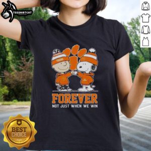 Official Peanut Snoopy and Charlie Brown Clemson Tigers Forever Tee for ladies, celebrating team spirit beyond victory.