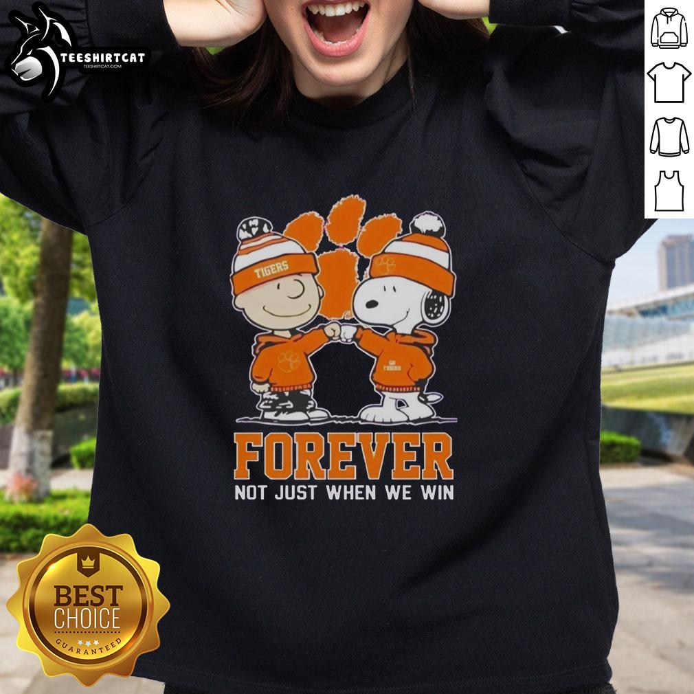 Alt Text: Official Peanut Snoopy and Charlie Brown Clemson Tigers sweatshirt, featuring Forever, Not Just When We Win design.