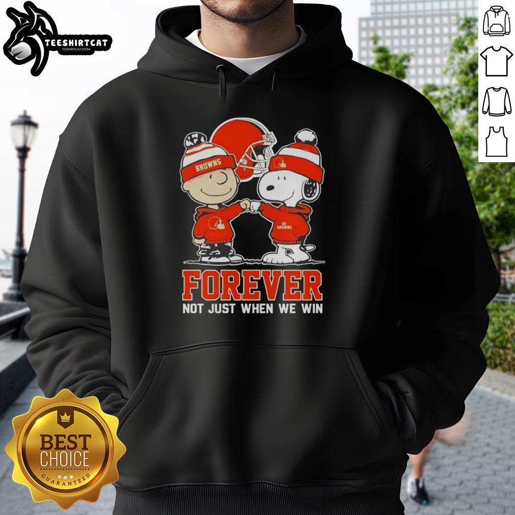 Official Peanut Snoopy and Charlie Brown hoodie for Cleveland Browns fans, featuring 'Forever Not Just When We Win' slogan.