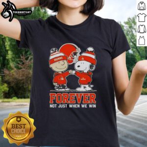 Official Peanut Snoopy Charlie Brown Cleveland Browns Forever ladies tee featuring a playful design celebrating football spirit.