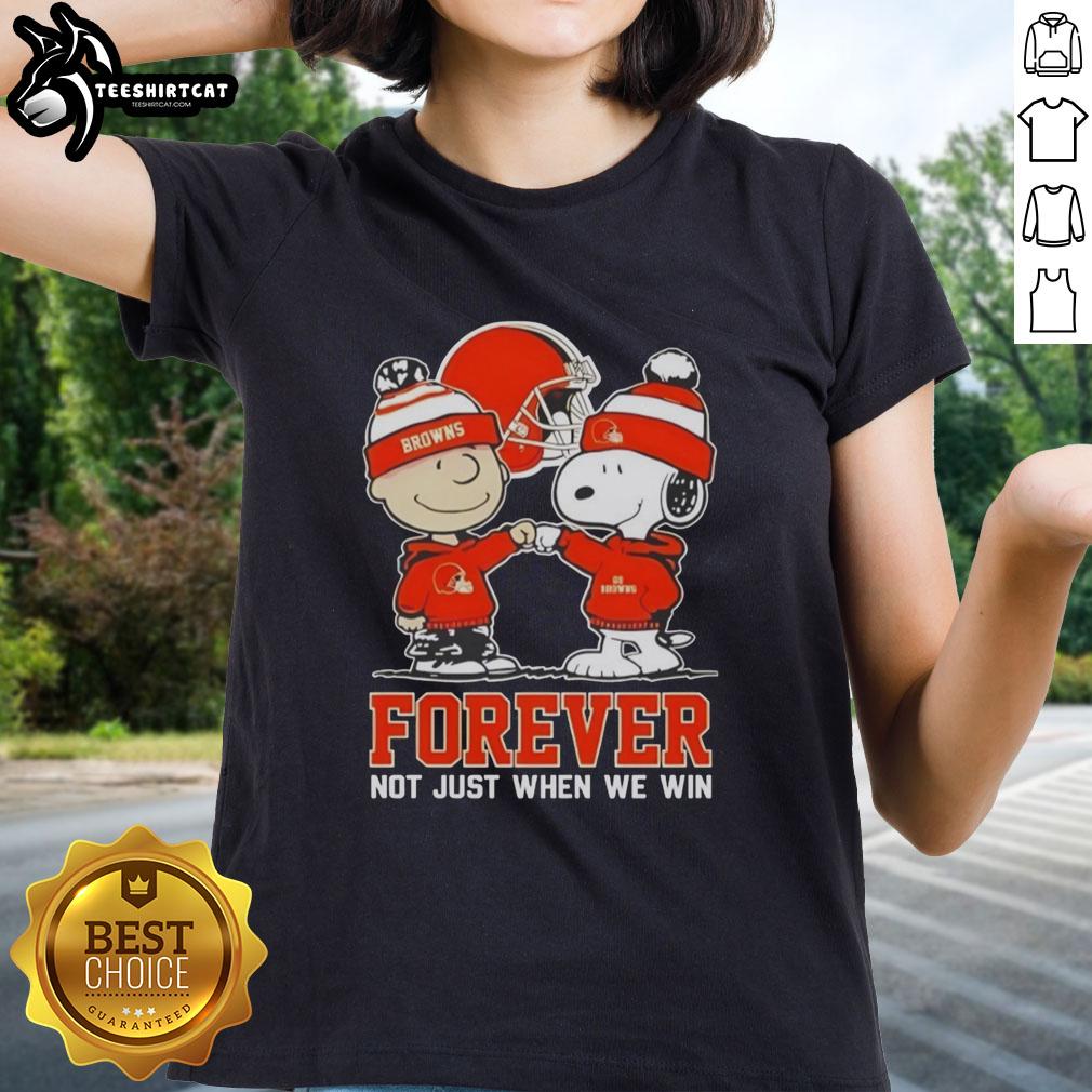 Official Peanut Snoopy Charlie Brown Cleveland Browns Forever ladies tee featuring a playful design celebrating football spirit.