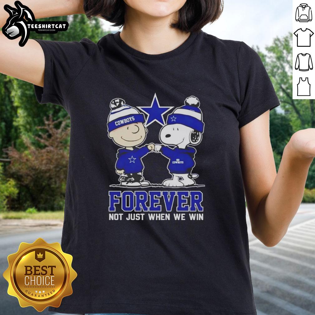 Official Peanut Snoopy and Charlie Brown Dallas Cowboys Forever tee for ladies, perfect for fans celebrating team spirit.