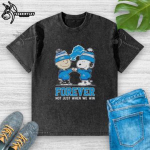 Official Peanut Snoopy and Charlie Brown Detroit Lions Forever t-shirt design featuring a playful football theme.