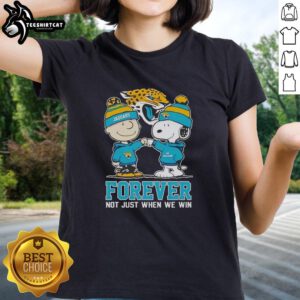Official Peanut Snoopy and Charlie Brown Jacksonville Jaguars Forever tee for ladies, perfect for fans celebrating team spirit.