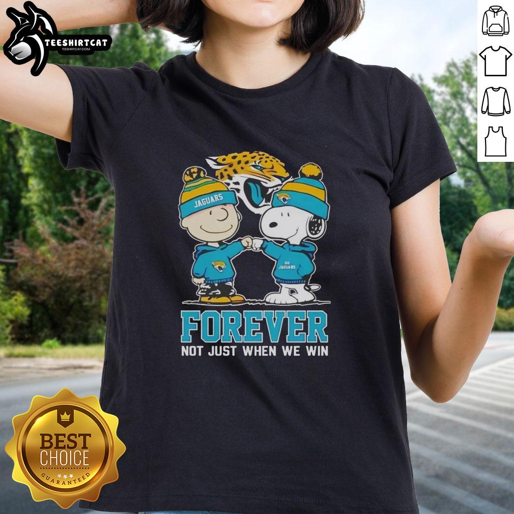 Official Peanut Snoopy and Charlie Brown Jacksonville Jaguars Forever tee for ladies, perfect for fans celebrating team spirit.