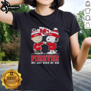 Official Peanut Snoopy and Charlie Brown Kansas City Chiefs Forever tee for ladies, perfect for game day celebrations.